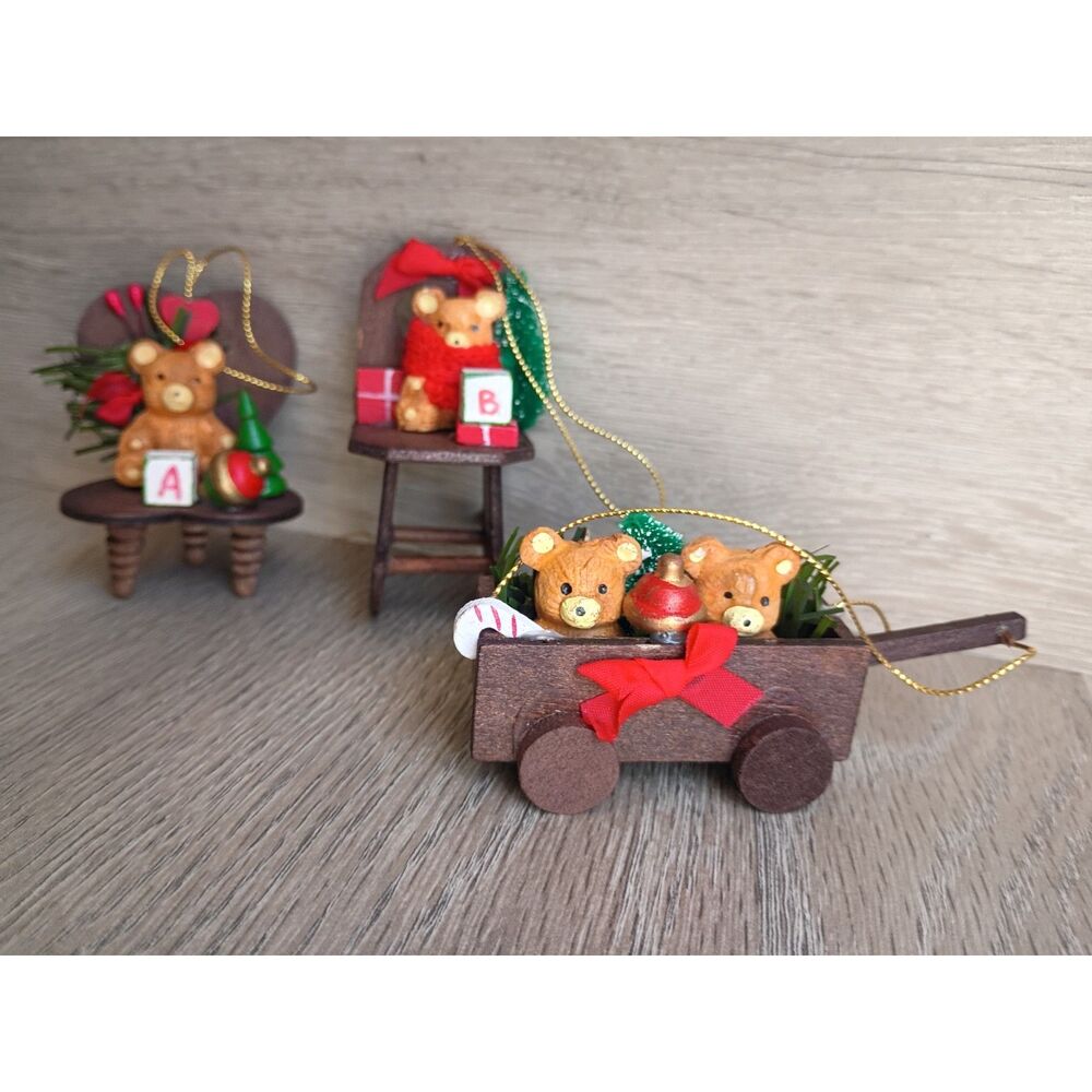 Vintage Christmas Tree Ornaments 3" Ceramic Little Bears Handmade Wooden Holiday